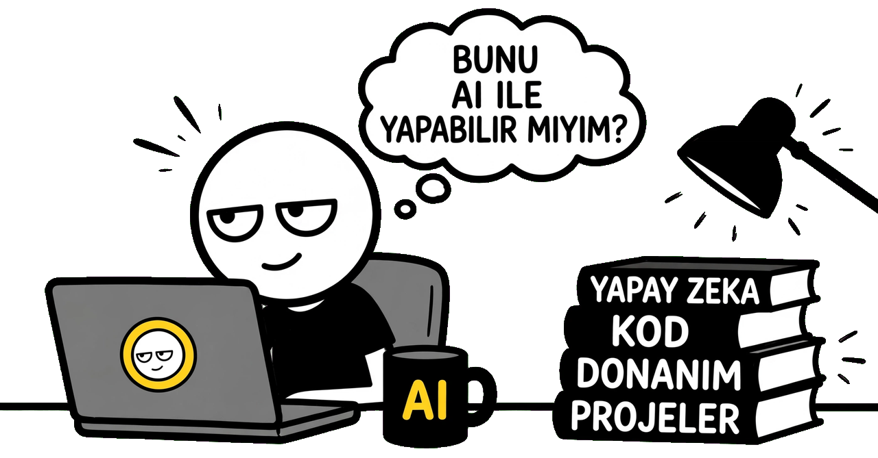 Masada laptop başında oturan maskot, bunu AI ile yapabilir miyim diye düşünüyor